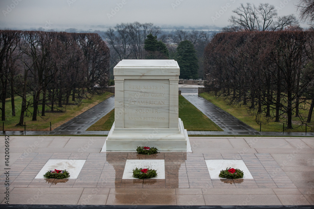 WASHINGTON, D.C. - December 25, 2014: Tomb Guard sentinel at The Tomb of the Unknown Soldier at Arlington National Cemetery. The Tomb is guarded 24 hours a day.