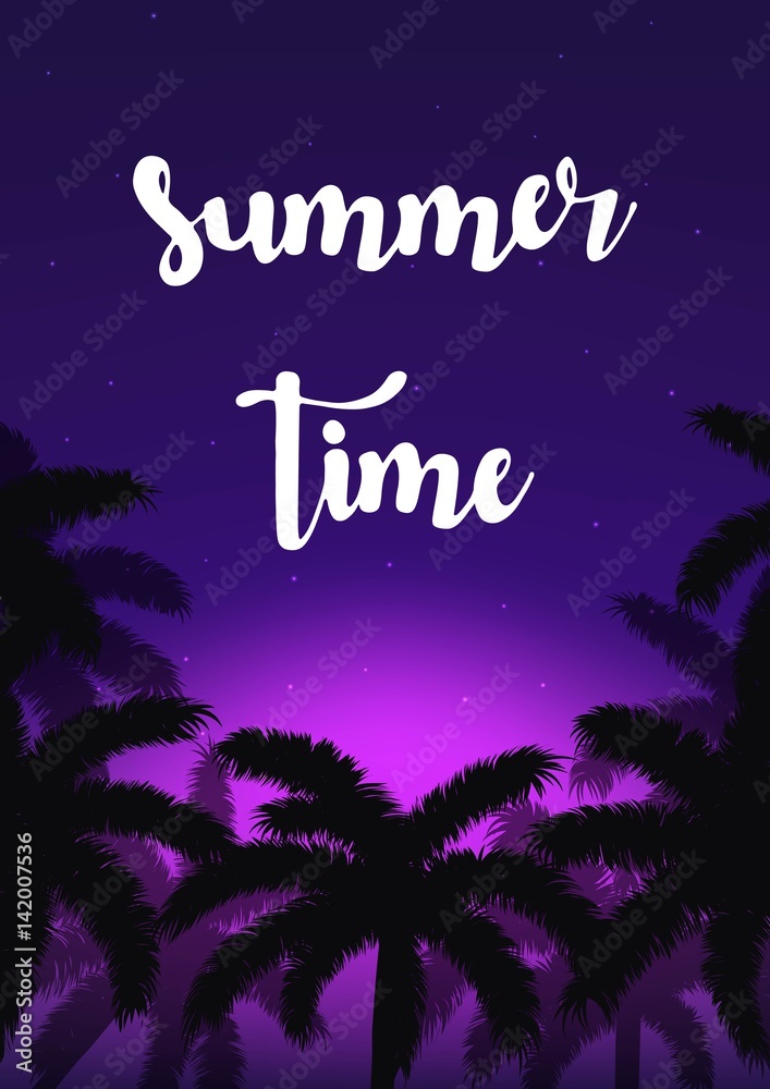 Exotic summer vacation background. Night sky vector illustration.