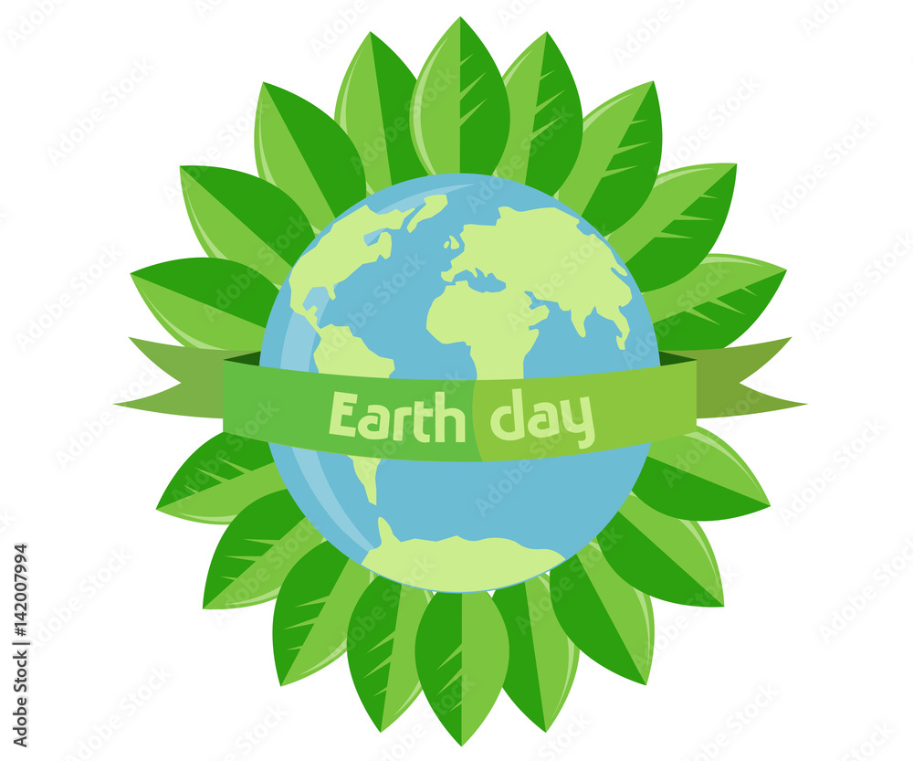 Earth Day. Planet and the inscription around the leaves Earth Day. Planet and the inscription around the leaves