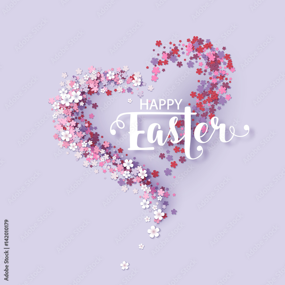 Easter background with frame flowers heart shaped. Vector illustration.