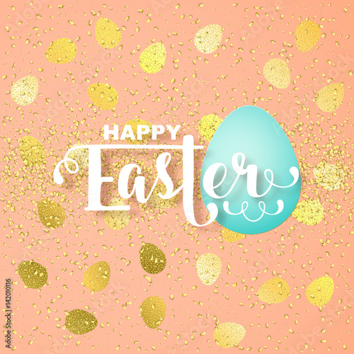 Easter card with calligraphic greeting and Easter eggs decorated with gold pattern background. Vector illustration.