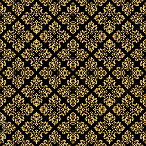 Beautiful queen seamless pattern with fleur de lys ornament elements on dark background. Royal signs in style of fashion illustration. Excellent textile, fabric, paper design.