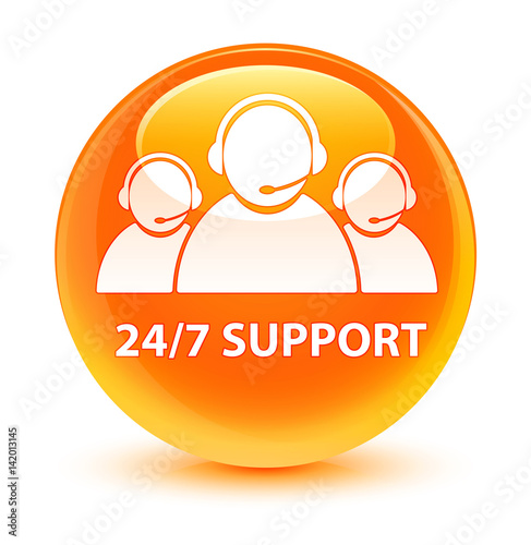 24/7 Support (customer care team icon) glassy orange round button