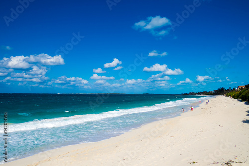 A beautiful view of the ocean and the beach during a bright sunny day. New Providence  Nassau  Bahamas.