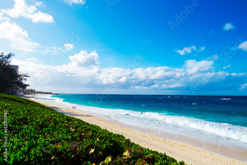 A beautiful view of the ocean and the beach during a bright sunny day. New Providence  Nassau  Bahamas.