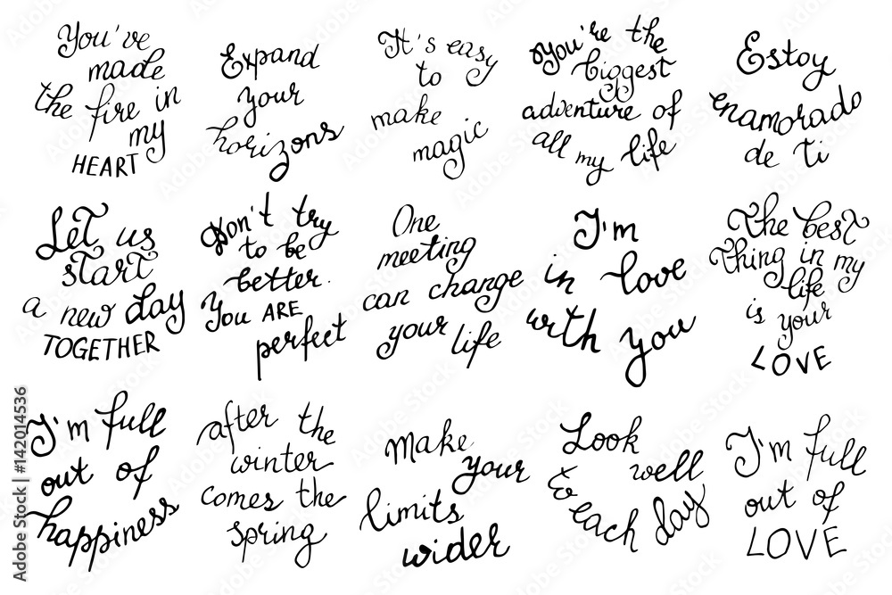 Set of inspirational quotes about love and life. Handwritten black text  isolated on white background, vector. Each phrase is on the separate layer  Stock Vector | Adobe Stock