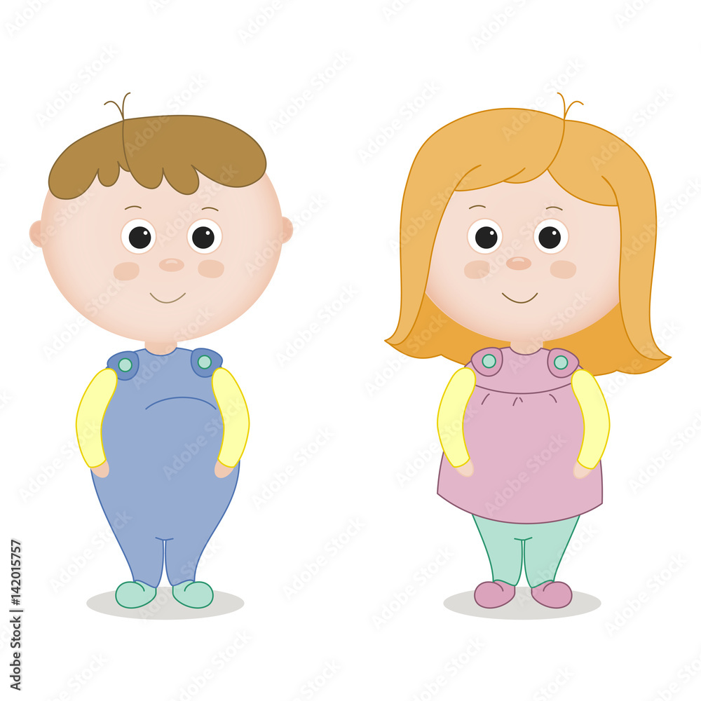 Infants. A boy and a girl. Illustration with two young children in full growth for the design of children's products and clothing. Infants. A boy and a girl. Illustration with two young children in full growth for the design of children's products and clothing.