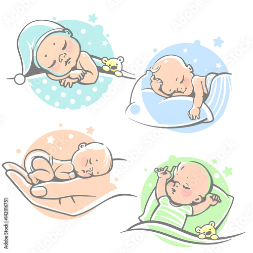 Set with cute little baby sleeping.Children lying on pillow under blanket. Boy with teddy bear in bed. Girl sleep on stomach. Different sleeping positions. Sketchy style. Vector illustrations.