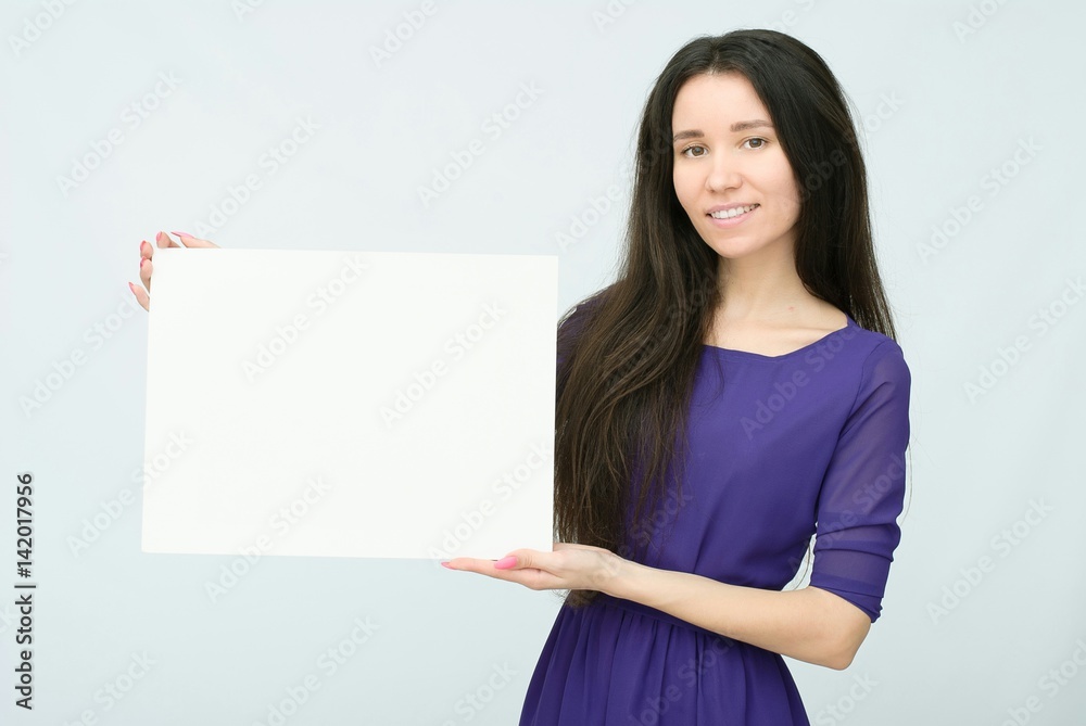 happy smiling woman with white blank board happy smiling woman with white blank board