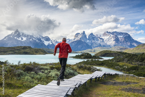 Running man on Torres del Paine National Park, Patagonia, Chile