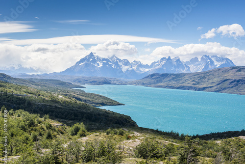 Amazing emerald lake on sunny day in Torres del Paine National Park, Patagonia, Chile