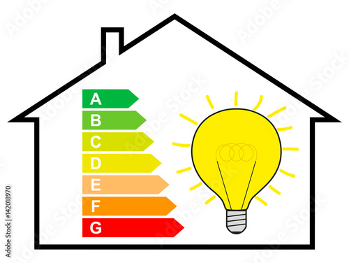 Energiewende, Energiesparen, Haus mit Energielabel und Glühbirne