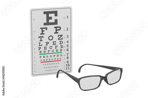 Eyeglasses and eye chart, 3D rendering