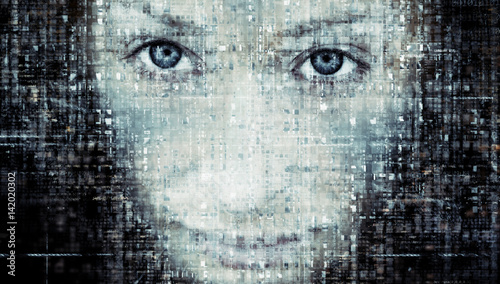 Woman face in abstract binary computer code background. Lost in the virtual world concept.