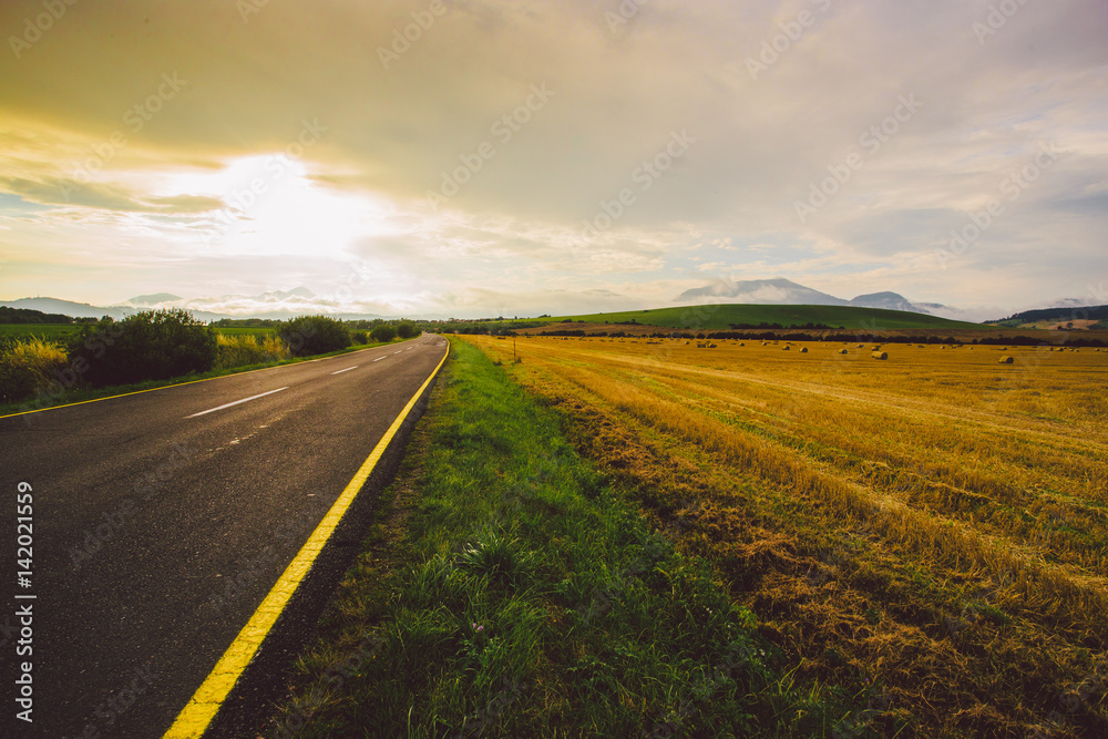 empty road, field, sunset, sky, summer