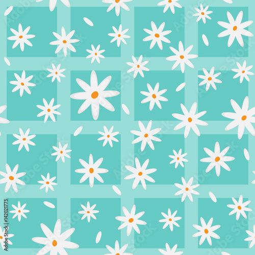 Cartoon chamomiles and petals. Floral elements scattered on a checkered background. Seamless pattern.