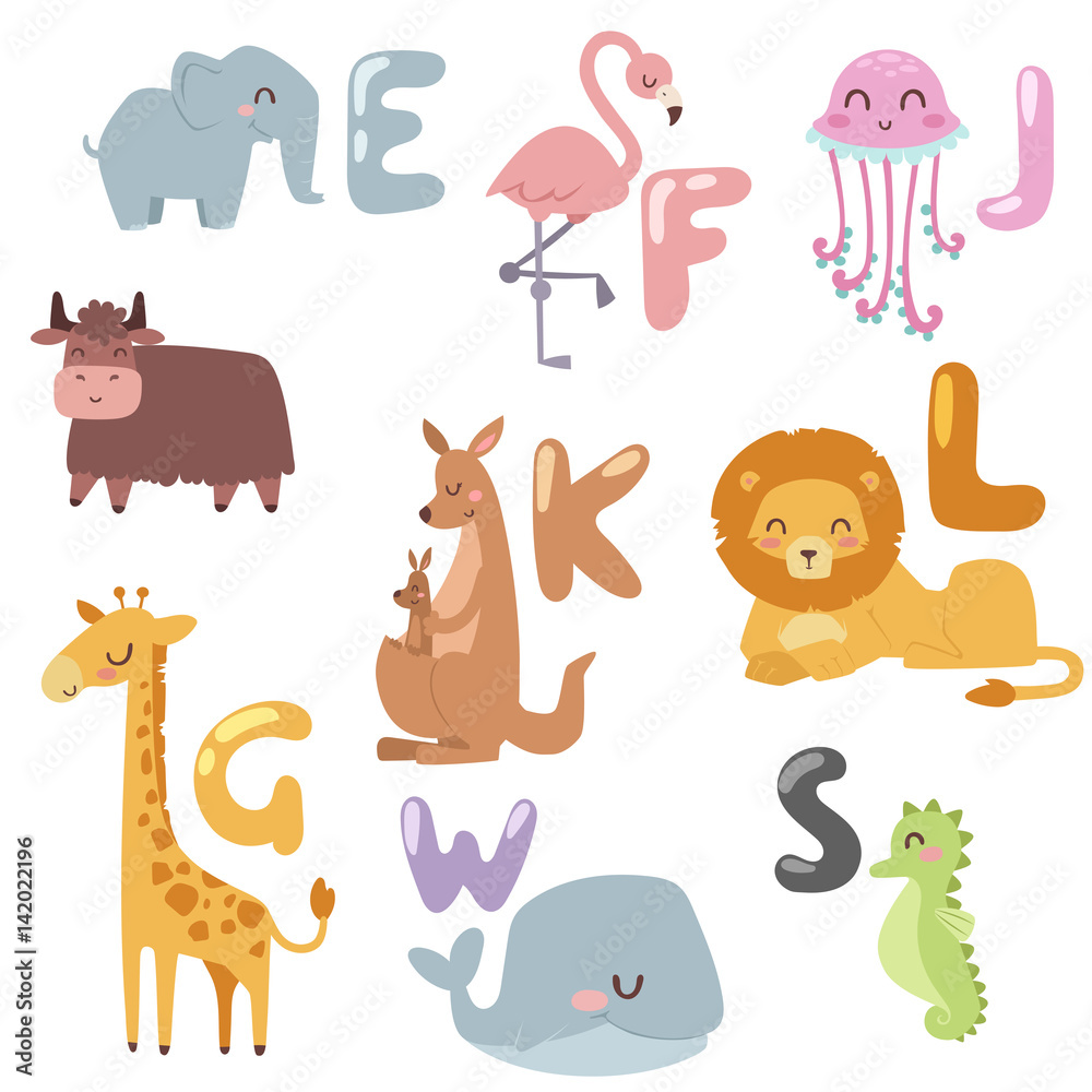 Obraz premium Cute zoo cartoon animals isolated funny wildlife learn cute language and tropical nature safari mammal jungle tall characters vector illustration.