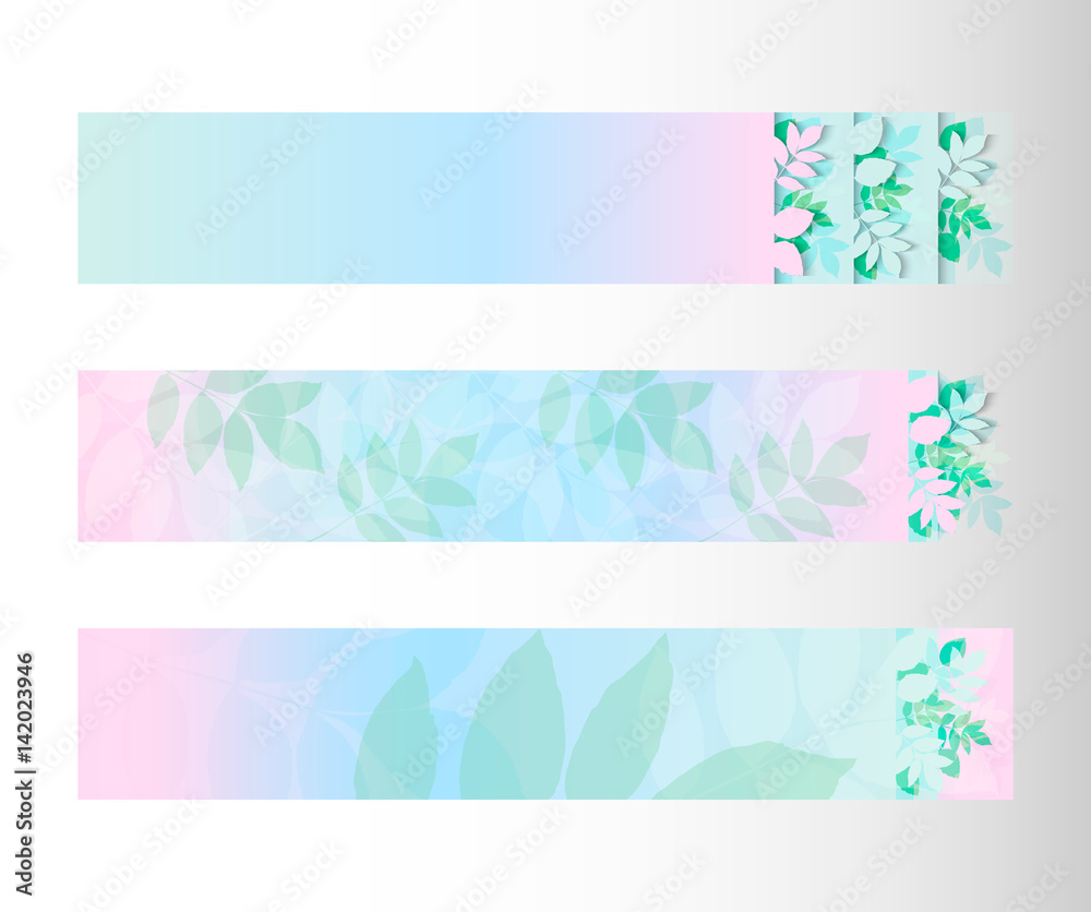 Foliage banner set, azur pink green colors