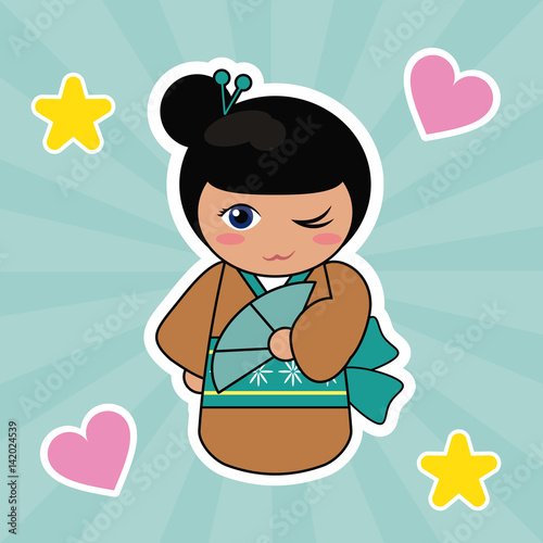 kokeshi doll cute hearts background vector illustration eps 10