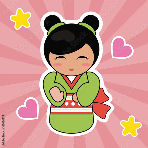 kokeshi doll cute hearts background vector illustration eps 10