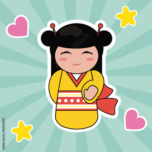 kokeshi doll cute hearts background vector illustration eps 10