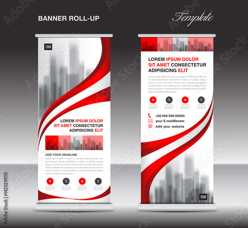 Red Roll up banner, stand template, poster, display, advertisement, banner design, pull up layout, vector