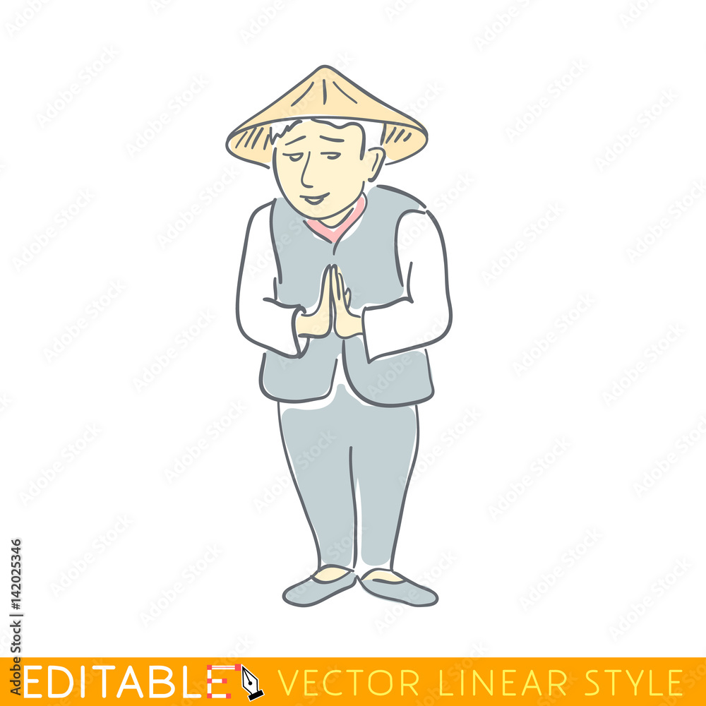 Chinese man. National character of China. Funny caricature. Editable line sketch. Stock vector illustration.