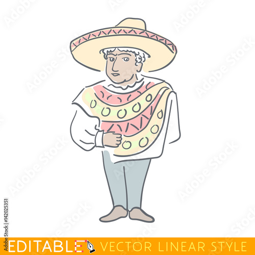 Latin man dressed in a poncho and sombrero. National character of Mexica. Funny caricature. Editable line sketch. Stock vector illustration.