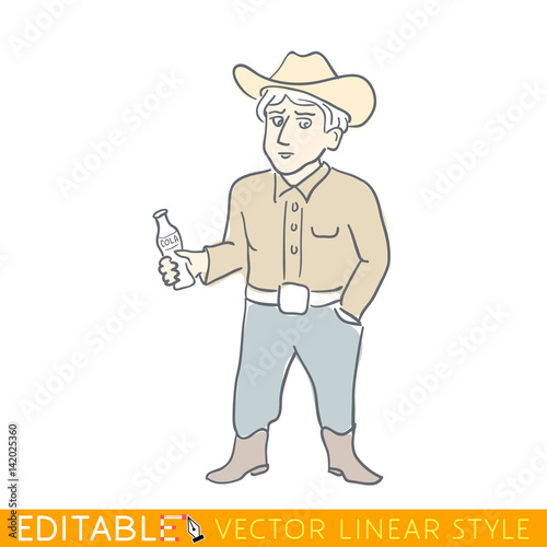 American man cowboy. National character of USA. Funny caricature. Editable line sketch. Stock vector illustration.