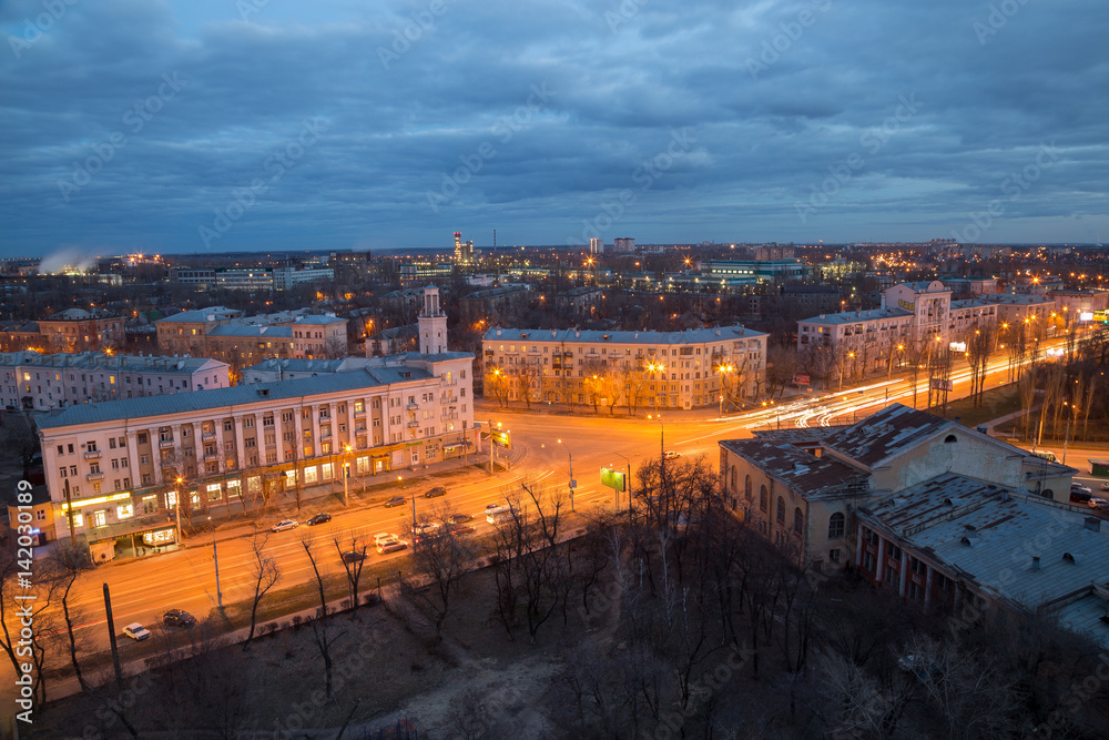 Evening Voronezh cityscape from rooftop.  