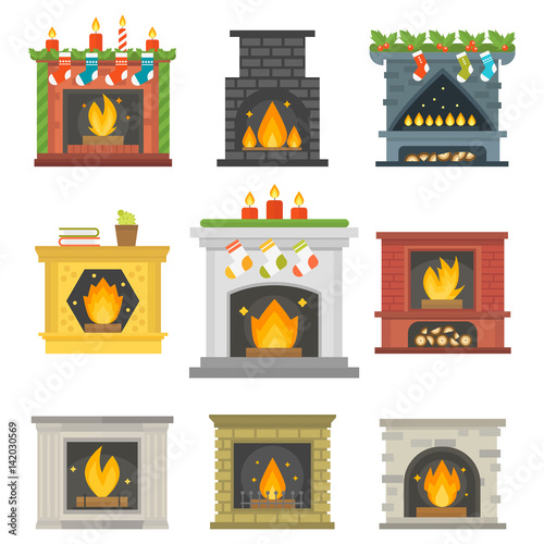 Flat style fireplace icon design house room warm christmas flame bright decoration coal furnace and comfortable warmth energy indoors vector illustration.