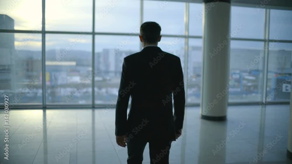 The businessman walk and phone near the panoramic window. Slow motion The businessman walk and phone near the panoramic window. Slow motion