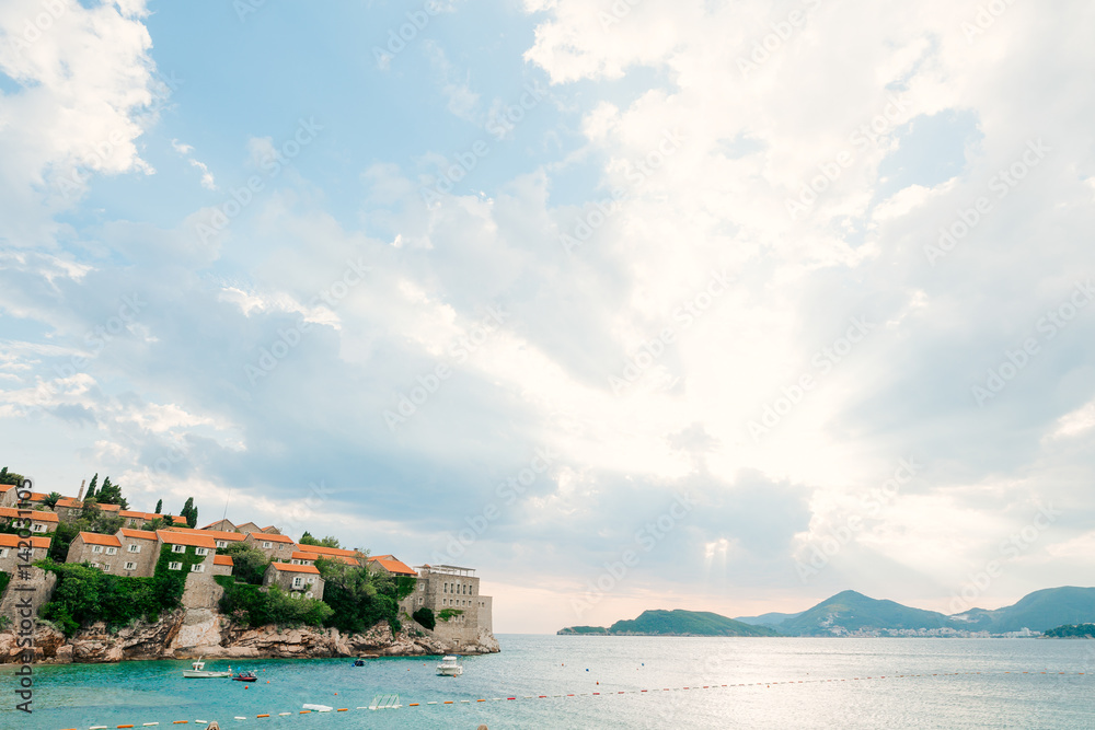 Island of Sveti Stefan, close-up of the island in the afternoon. Montenegro, the Adriatic Sea, the Balkans.