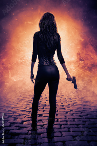 Vászonkép Sexy female assassin with gun digital art