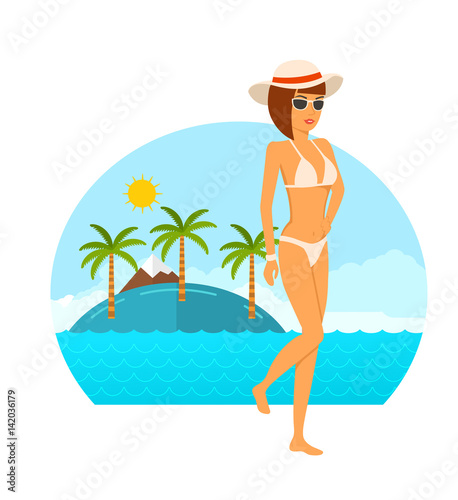 Young tanned girl in beautiful underwear resting on tropics.