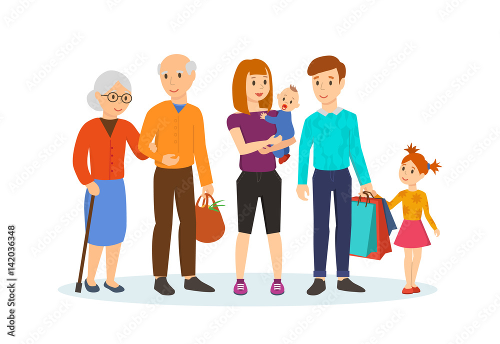 Family with children in shopping center next to old grandparents. Family with children in shopping center next to old grandparents.
