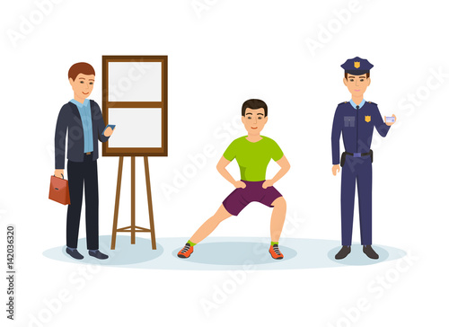 Businessman with briefcase and phone, fitness trainer squats, police officer. © Idey