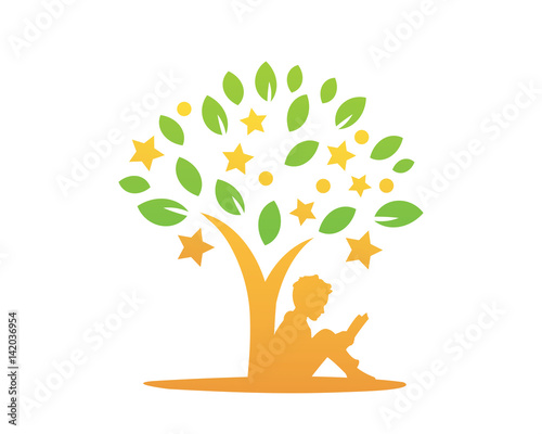 Modern Book Lover Logo - Children Reading Under The Tree