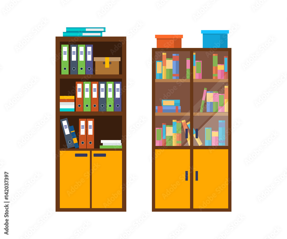 Office wooden cabinet with many folders, accounting files with documents. Office wooden cabinet with many folders, accounting files with documents.