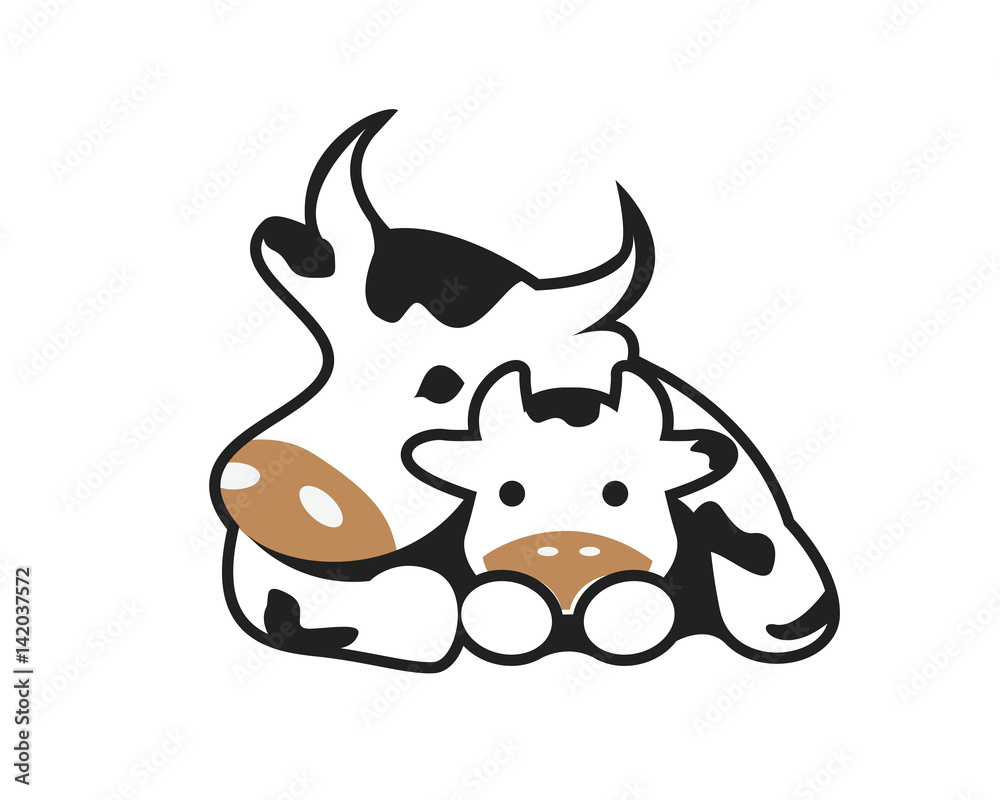 Modern Cute Animal Mother And Children Warm Hug Logo - Cow Family