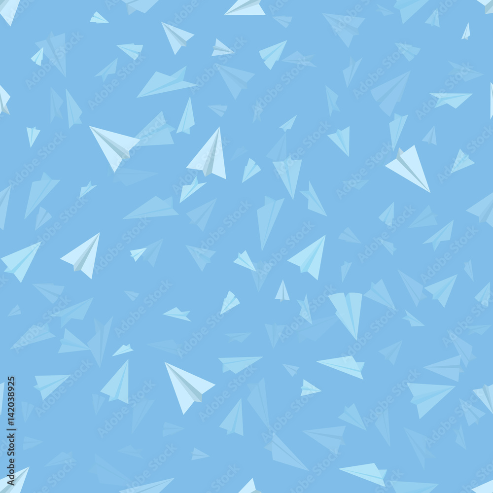 Vector Blue Seamless Background. Pattern of Paper Planes on Sky Blue Background. Vector Blue Seamless Background. Pattern of Paper Planes on Sky Blue Background.