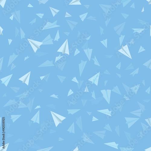 Vector Blue Seamless Background. Pattern of Paper Planes on Sky Blue Background.