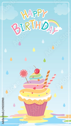 Illustration vector of rainbow cupcake decorated with raining creamy background for Birthday card.