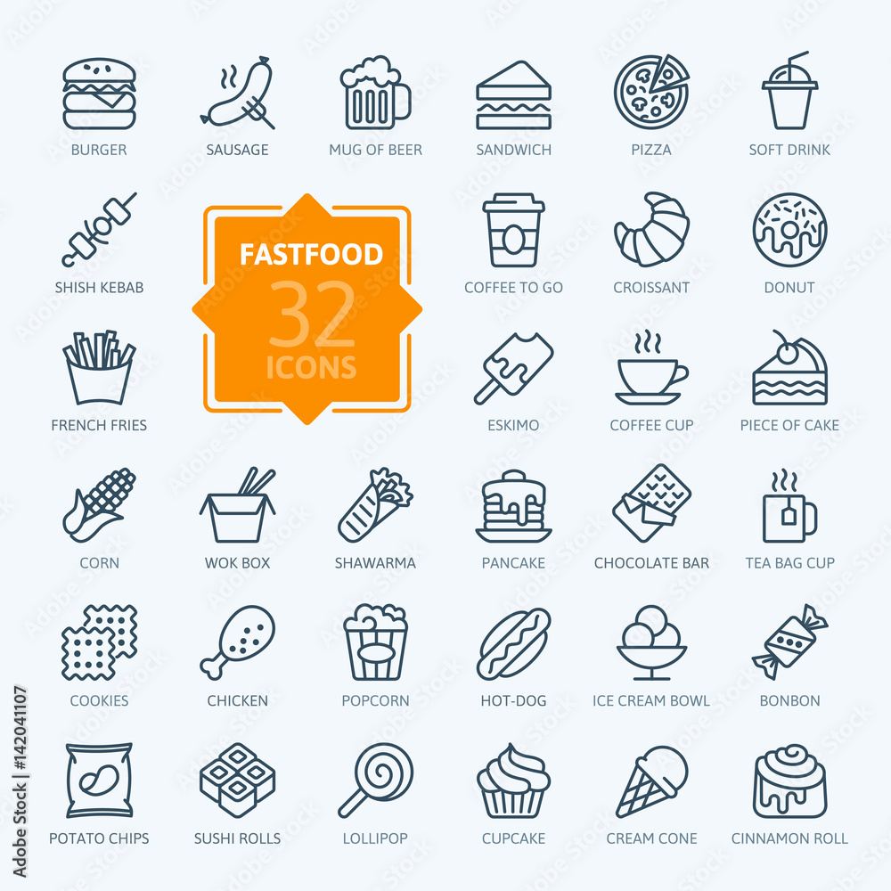 Fastfood - outline web icon set, vector, thin line icons collection