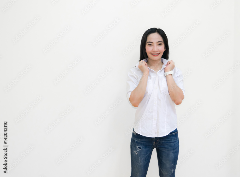 Asian young woman thinking beautiful smile put a white shirt stand of on white background.
Asian young woman thinking beautiful smile put a white shirt stand of on white background.