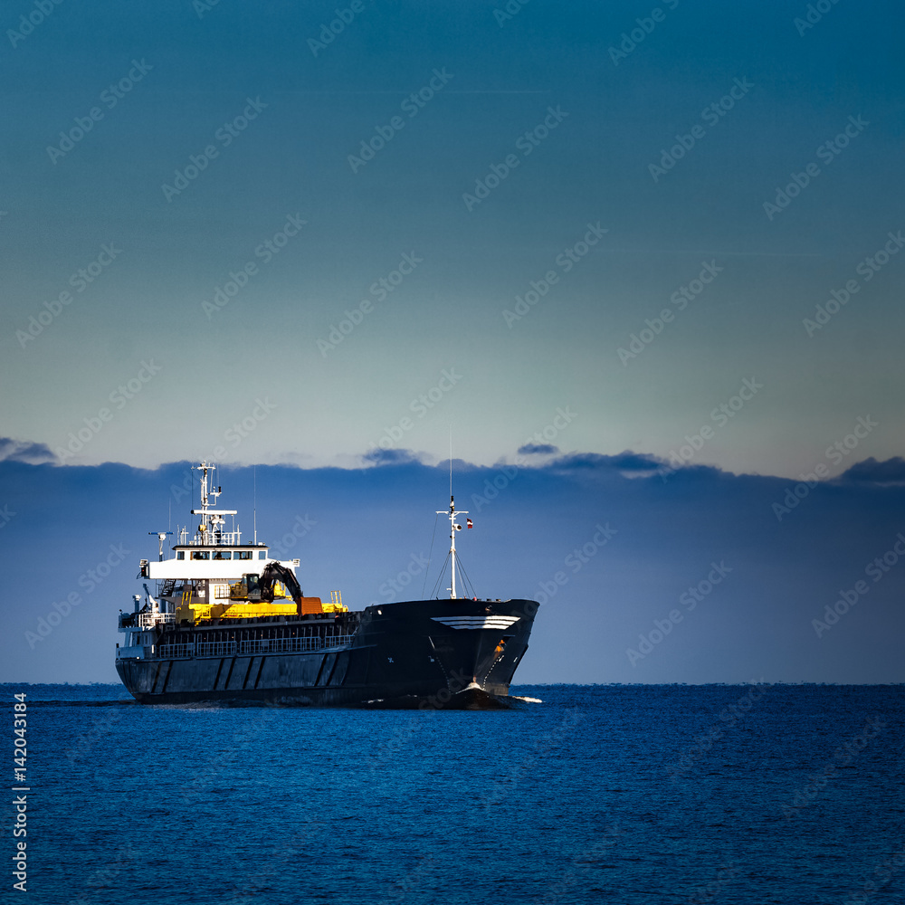 Black cargo ship with long reach excavator moving by baltic sea