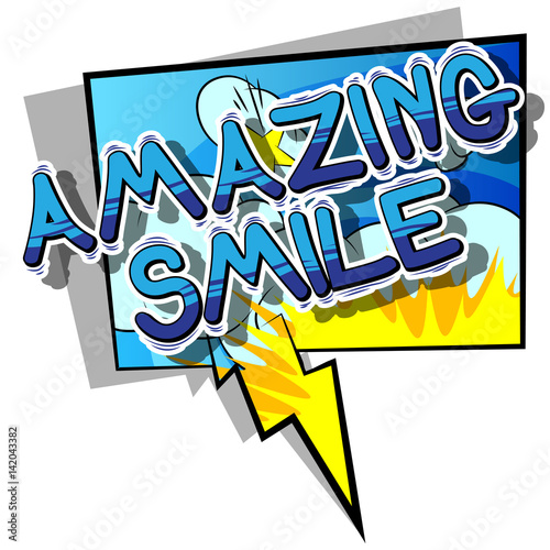 Amazing Smile - Comic book style word on abstract background.