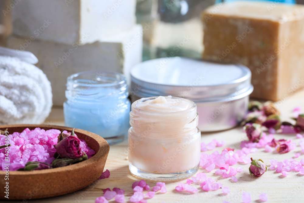 Variety of creams and bath salt - spa concept Variety of creams and bath salt - spa concept