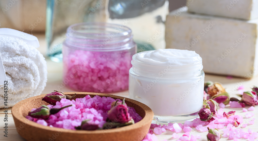 Variety of creams and bath salt - spa concept Variety of creams and bath salt - spa concept