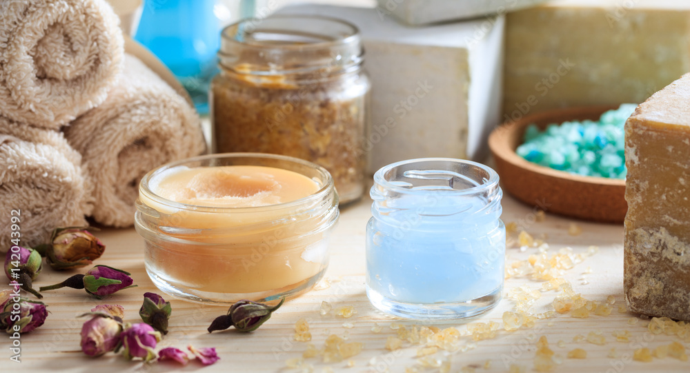 Variety of creams and bath salt - spa concept Variety of creams and bath salt - spa concept